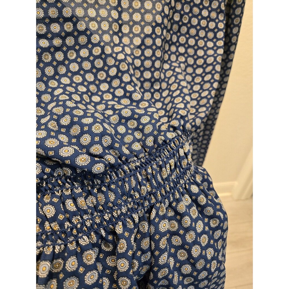 Max Studio Size L Blue Geo Print Smocked Waist V-Neck Long Sleeve Blouse Top - Picture 6 of 12